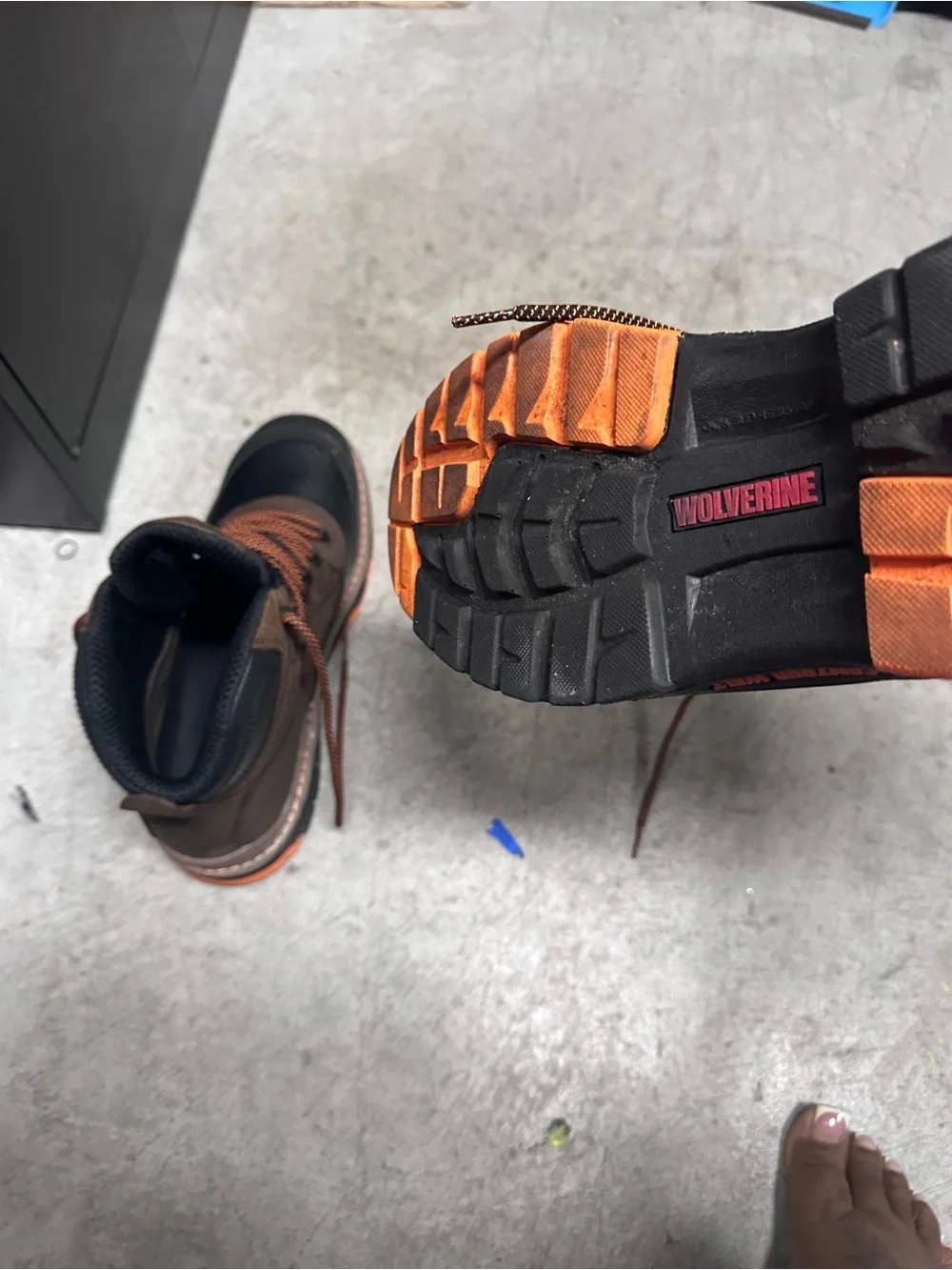 Wolverine Black and Brown Steel toe Work Boots with Orange Accents